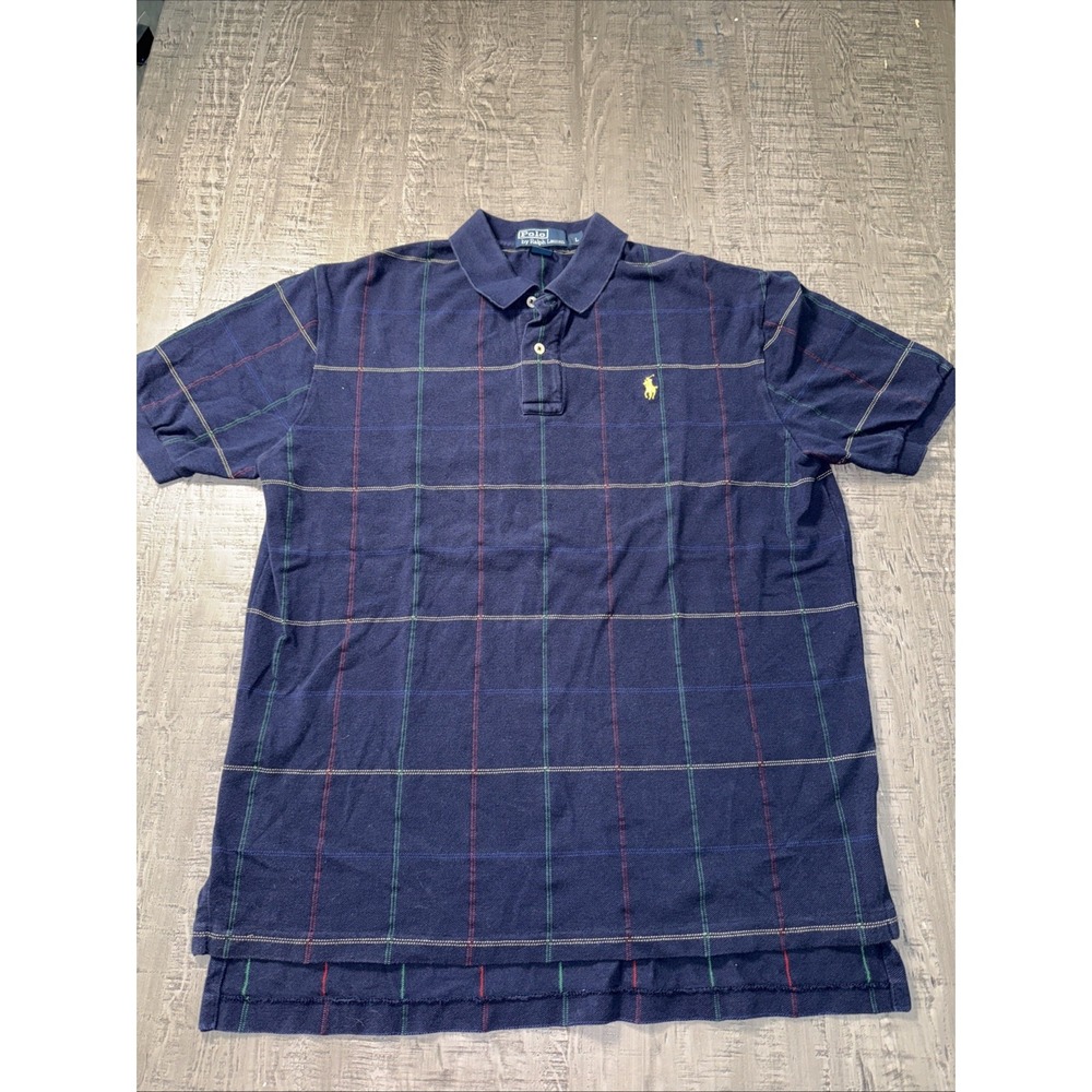 Polo‎ Ralph Lauren Men's Polo Shirt Blue Plaid Size Large Yellow Pony